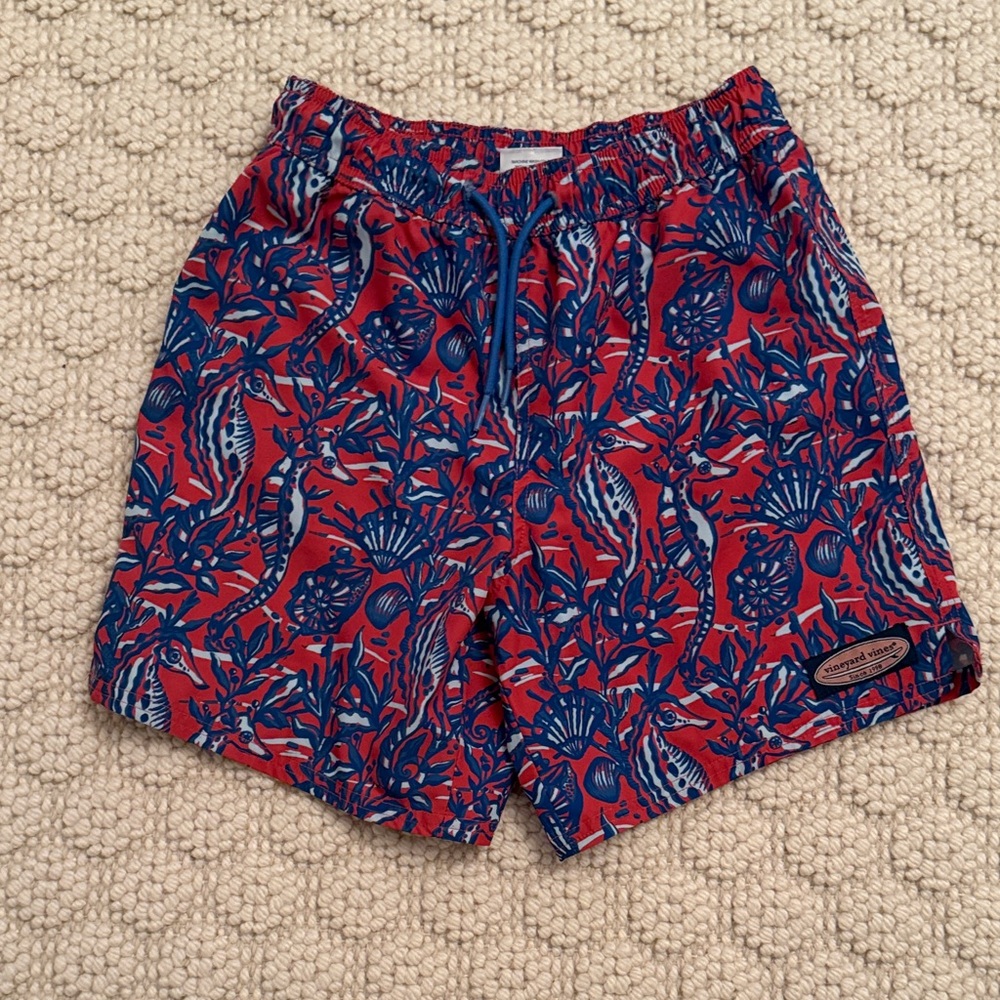 Vineyard Vines Red Swim Shorts with Blue Nautical Print